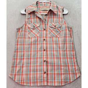 Bit & Bridle Shirt Womens Medium Orange Teal Plaid Sleeveless Collar Button Down